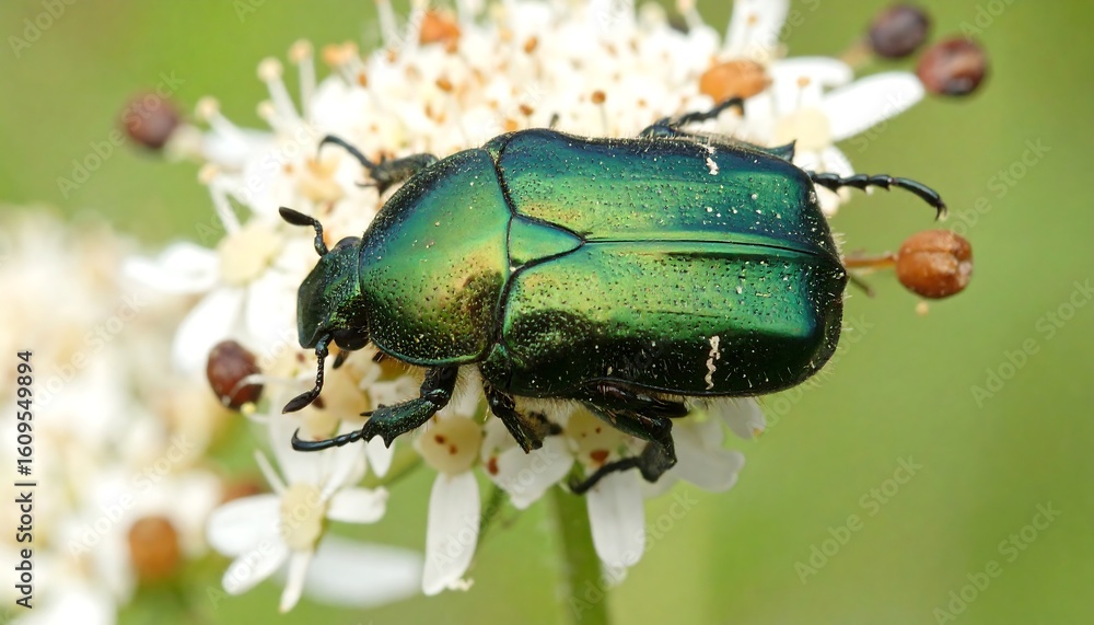 Naklejka premium Green beetle on white flower