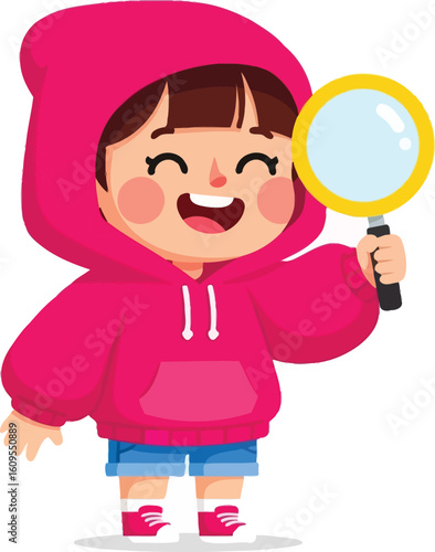 Vector art of girl with a magnifying glass isolated on white