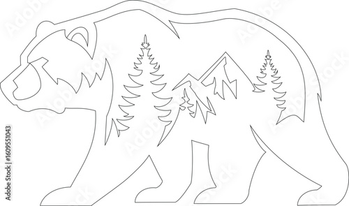 Double Exposure Forest Bear – Wildlife Landscape Vector with Trees & Mountains