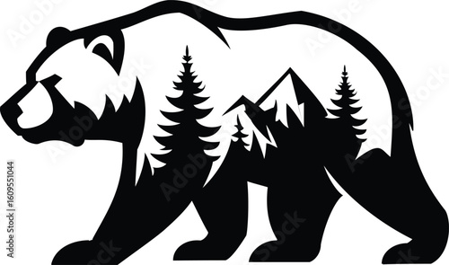 Double Exposure Forest Bear – Wildlife Landscape Vector with Trees & Mountains