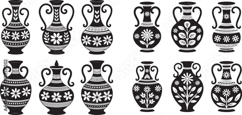 Ancient Greek amphorae with floral and leaf motifs