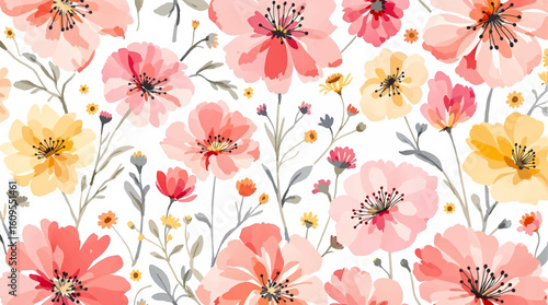 Seamless pattern with small flowers on pink background. Hand drawn floral pattern for your fabric, summer background, wallpaper, backdrop, textile. Vector illustration