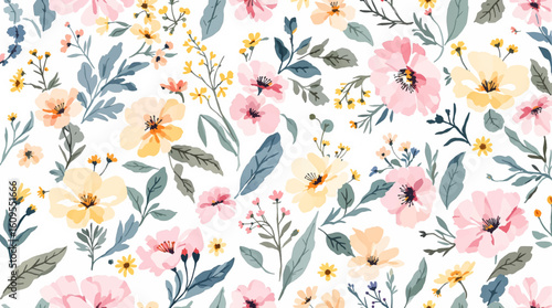 Watercolor seamless pattern hand painted with flower pink blue peony rose leaves isolated on white background. Floral illustration. Botanical art