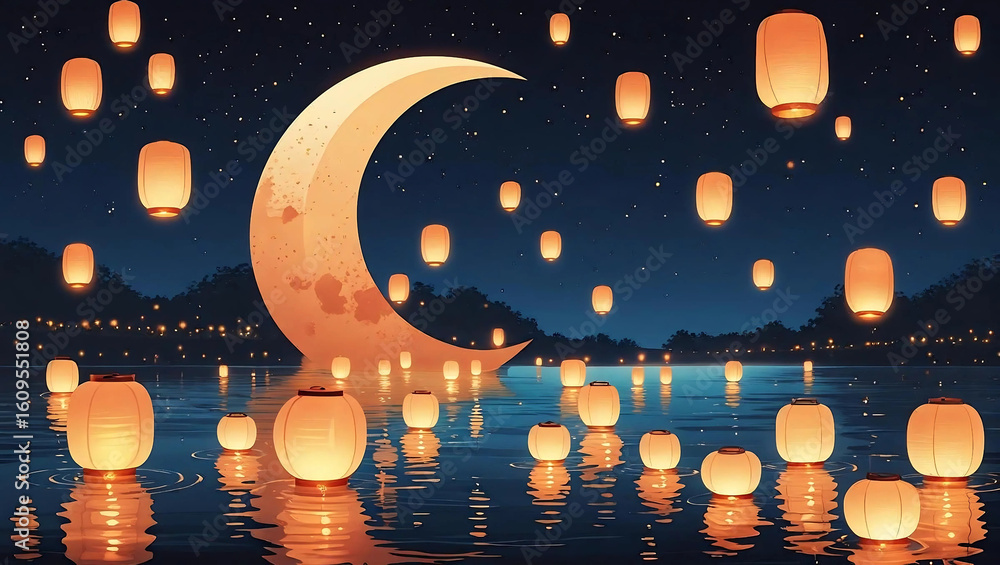 Fototapeta premium Lanterns and Moonlight Serenade: Floating lanterns illuminate a tranquil lake under the gentle glow of a crescent moon in a serene illustration. Capture the magic and serenity of an enchanting night.