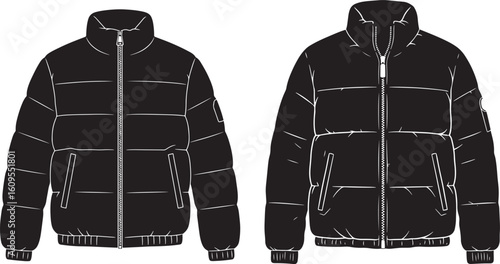 Black puffer jacket front and back silhouette