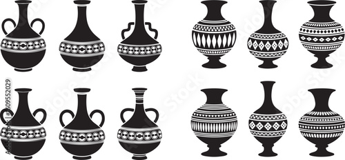 Ancient pottery amphorae and vases with decorative patterns