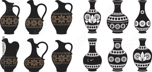 Ancient pottery collection with floral and geometric designs