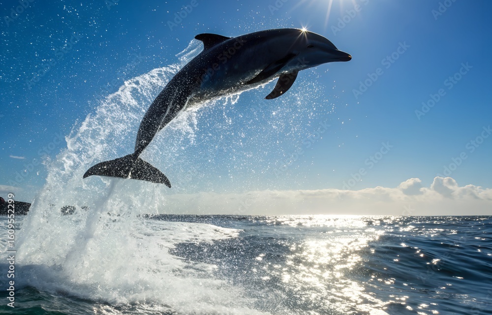 Fototapeta premium Dolphin Jumping Above Ocean Surface with Splash, Blue Sky in Background, Action Shot 