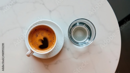 Espresso cup with rich crema on top, placed next to a small glass of water on a marble café table, overhead view, neutral background
