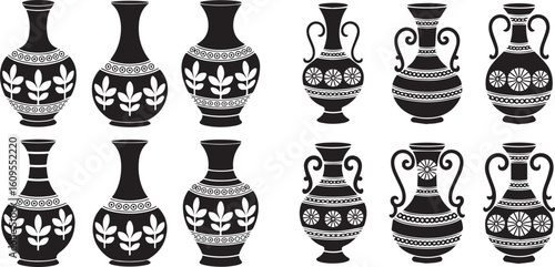 Black ancient amphorae and vases with decorative patterns
