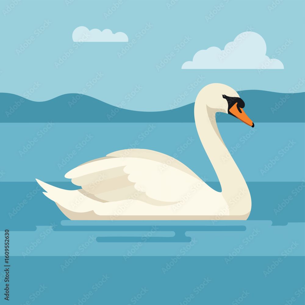 Fototapeta premium Elegant White Swan Gliding Gracefully on Calm Blue Water.