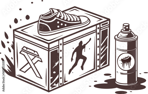 Sneaker on crate with spray paint can graffiti