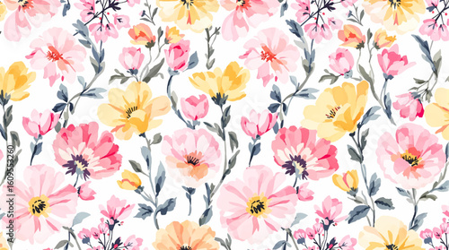 Watercolor seamless hand drawn pattern with beautiful wildflowers .Abstract seamless floral pattern painted flowers and herbs. Beautiful print for your decor and textile design.