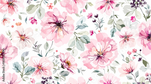 Repeating floral pattern features pink, purple, and blue flowers with green leaves and stems on a light beige background.
