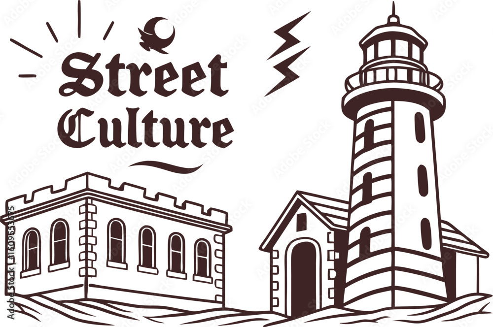 Obraz premium Lighthouse and castle building with street culture text