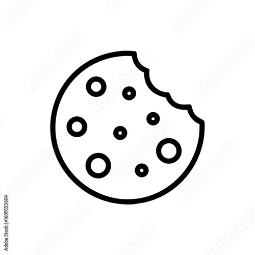 Chocolate chip cookie with a bite taken out of it in black and white outline style drawing design vector