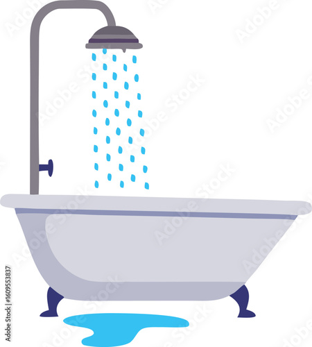 Gray bathtub with running shower and blue water puddle vector