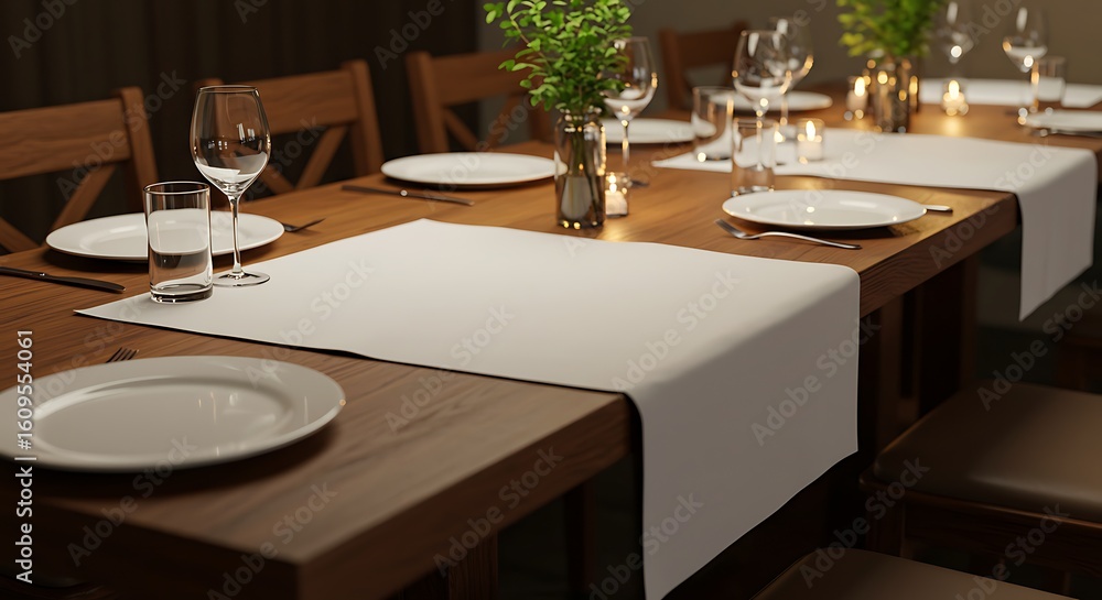 Elegant Table Setting: A beautifully set dining table, adorned with pristine white linens, delicate glassware, and fresh greenery, ready for a refined meal in an ambient atmosphere.