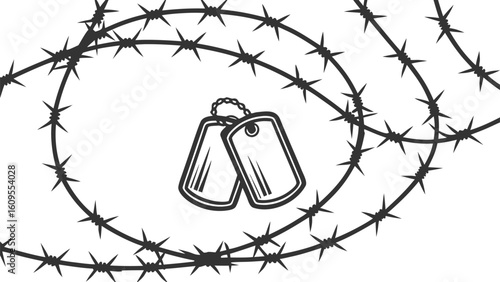 Military Dog Tags Entangled in Barbed Wire Dark, Serious Vector Graphic