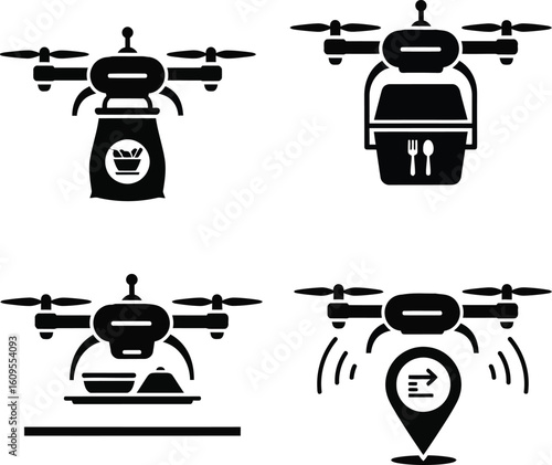Vector art of drones delivering food icons set