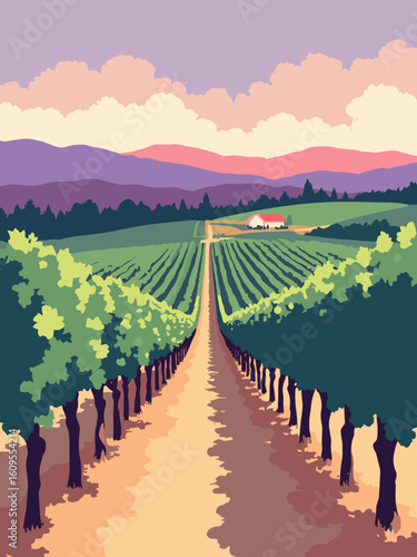 Napa, CA – Vineyard rows and Silverado Trail in grape green, trail brown, sky lavender, and wine red