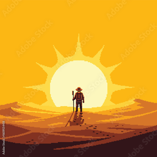 Pixel art of a lone traveler with a backpack and staff walking through a desert towards the sun.