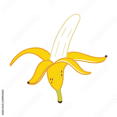 Yellow banana peeled open with brown spots fruit food