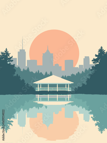 Hammond, IN – Wolf Lake pavilion and skyline in pavilion white, lake teal, city gray, and dawn peach