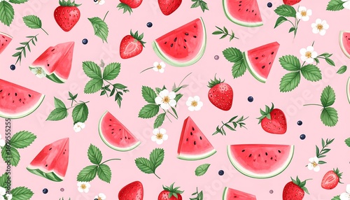 Watercolor fruit and flower pattern