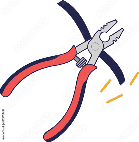 Red handled pliers cutting dark wire with sparks tool