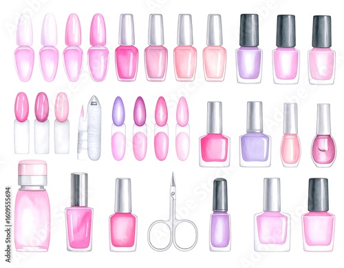 Watercolor illustration of nail care products.  Various shades of pink, purple, and nude nail polishes, false nails, cuticle tools, and nail scissors are depicted in a meticulously crafted design