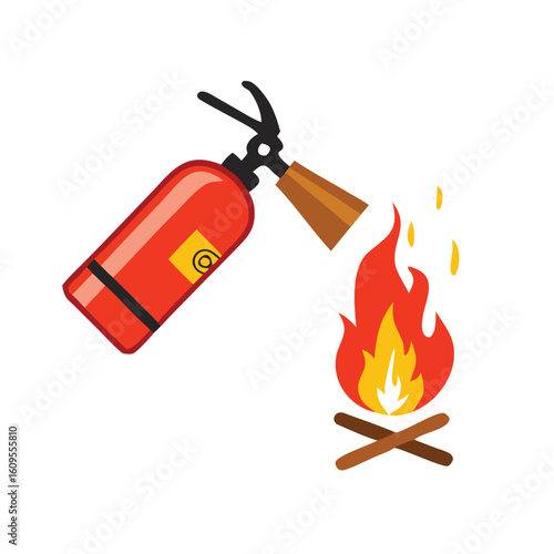 Red fire extinguisher spraying water on campfire vector