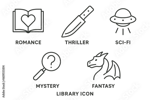 Library icon set featuring romance, thriller, sci-fi, mystery, and fantasy symbols