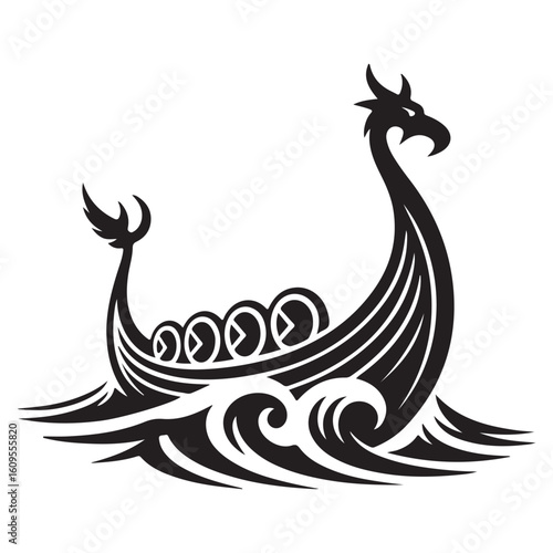 A black and white viking ship with shields on the ocean waves graphic
