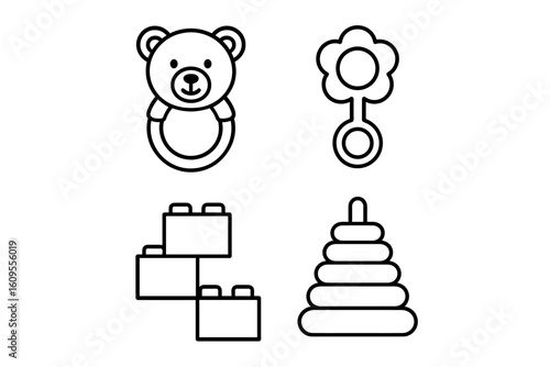 Black and white icons of toy bear rattle, flower rattle, building blocks, and ring stacker