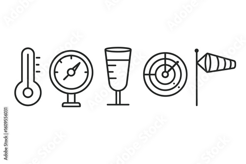 Weather instruments: thermometer, barometer, rain gauge, radar, and windsock illustrations
