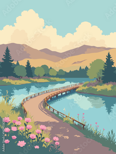 South Jordan, UT – Oquirrh Lake boardwalk and gardens in lake blue, boardwalk brown, bloom pink, and sky gold