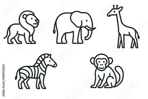 Simple line art of african animals: lion, elephant, giraffe, zebra, monkey