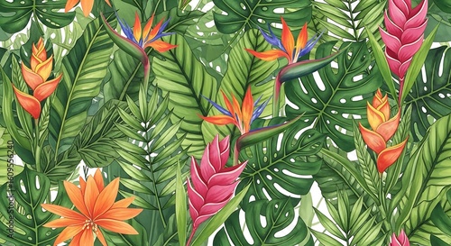 Vibrant tropical jungle foliage with exotic flowers