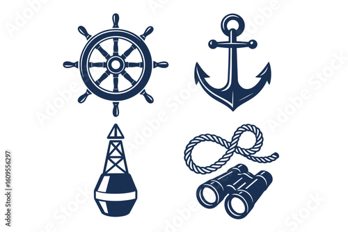 Nautical symbols: anchor, helm, buoy, rope, and binoculars illustration