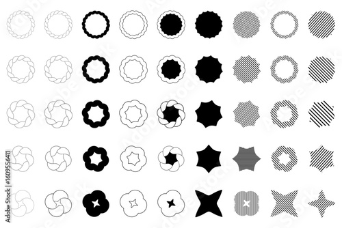Collection of geometric shapes forming design elements with stars, circles and rounded shapes