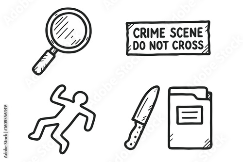 Crime scene elements: magnifying glass, tape, outline, knife, folder