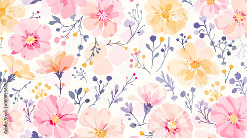 Spring watercolor hand drawn vector seamless pattern. Floral wild flowers design background.