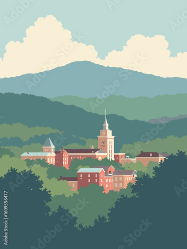 Gastonia, NC – Crowders Mountain view and downtown in cliff gray, oak green, brick red, and sky white