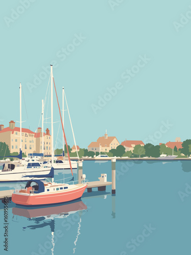 New Rochelle, NY – Long Island Sound harbor and marina in harbor blue, dock white, sail red, and city beige