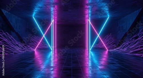 Abstract And Futuristic Neon Light Tunnel Design With Reflections