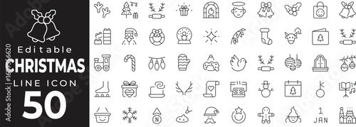 Christmas and winter holiday set of web icons in line style. Festive celebration linear icons collection. Containing snowflake, gift, santa, reindeer, bell, tree, snowman, ornament, gingerbread. Edita