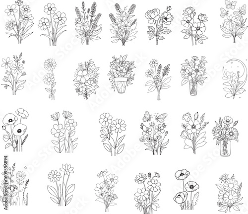 A beautiful Minimalist Line Art Wildflower & Bouquet Set Hand Drawn Botanical Collection and product packaging. Designed with a clean, 