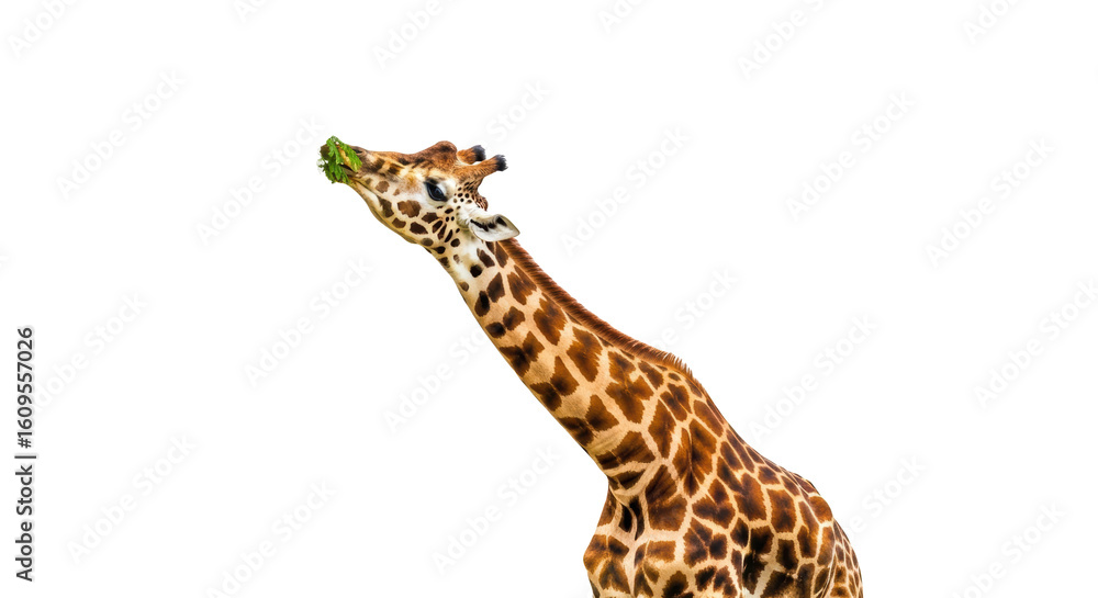 Obraz premium Giraffe eating leaves with its neck extended against a black background in a close up view
