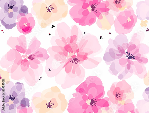 Pastel pink, orange, peach, and green floral pattern on a cream background. watercolor flower seamless pattern. Watercolor print in rustic vintage style, textile or wallpaper.